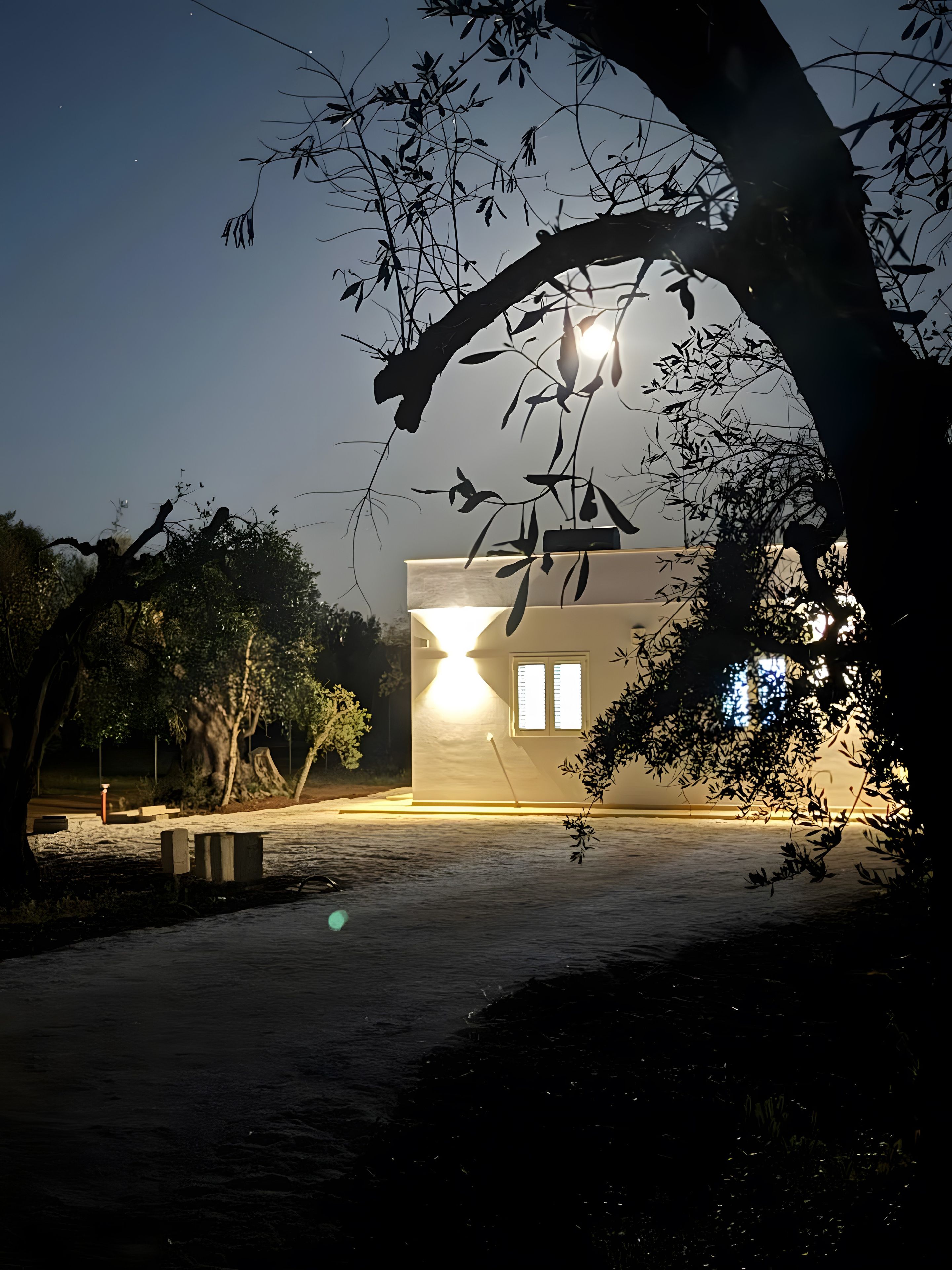Un edificio con tetto piatto, una finestra visibile e un vialetto che vi conduce.