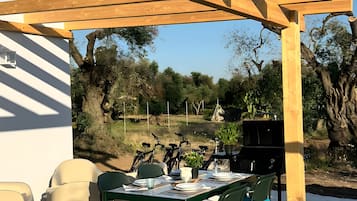 Patio esterno con una pergola in legno, un tavolo da pranzo con sedie, un barbecue e biciclette sullo sfondo.