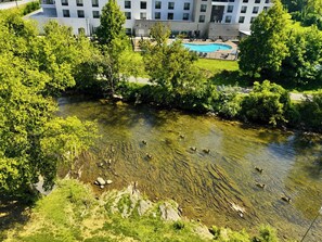 Ein Fluss mit schwimmenden Enten, umgeben von üppigem Grün und einem modernen Gebäude mit Schwimmbad im Hintergrund.