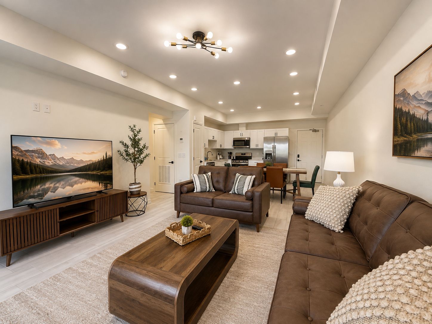 A modern living room with a flat-screen TV, brown leather sofas, a wooden coffee table, and a dining area with a white table and chairs.