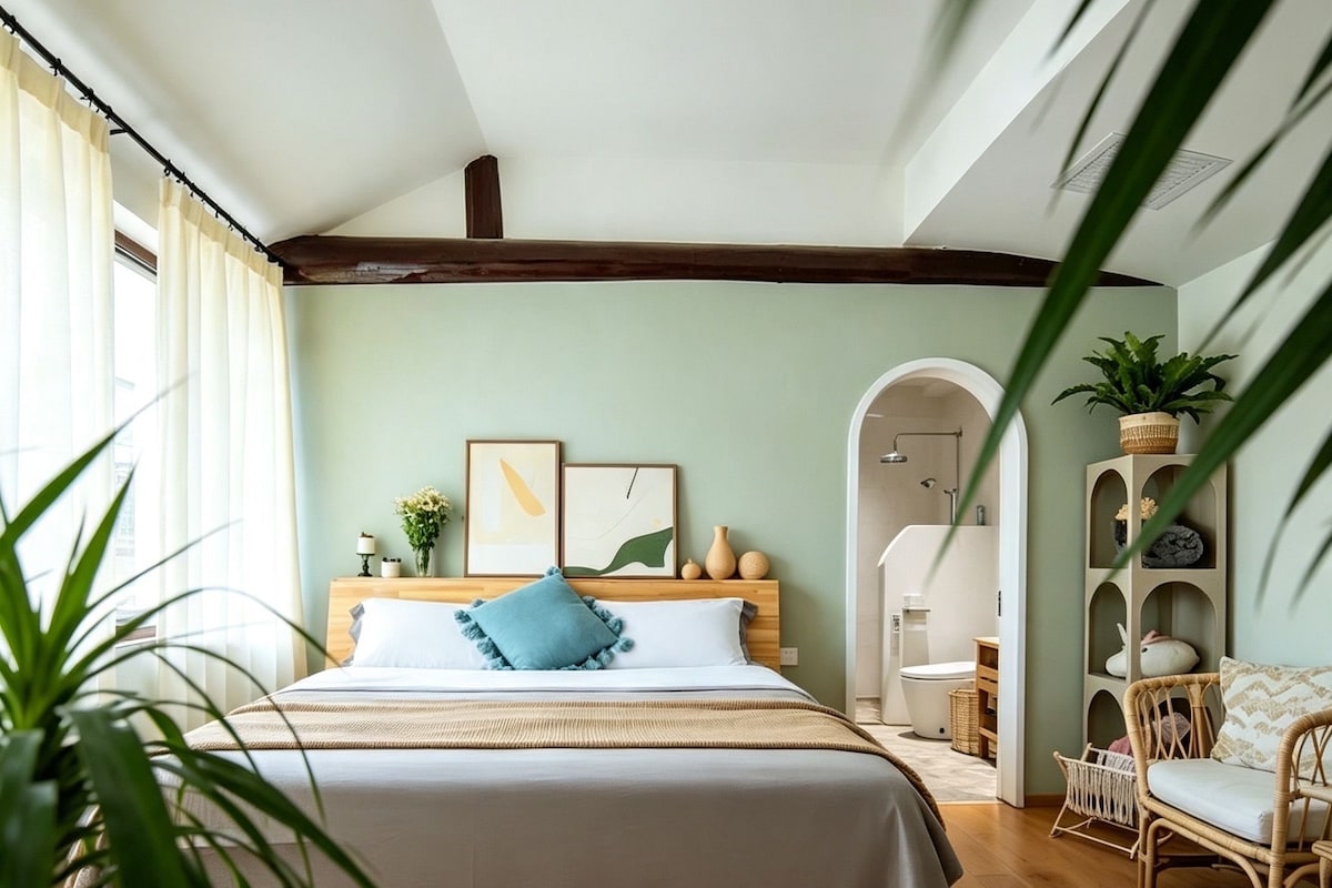 Un dormitorio con cama de madera, una mesita de noche, una planta en maceta y vistas al baño.