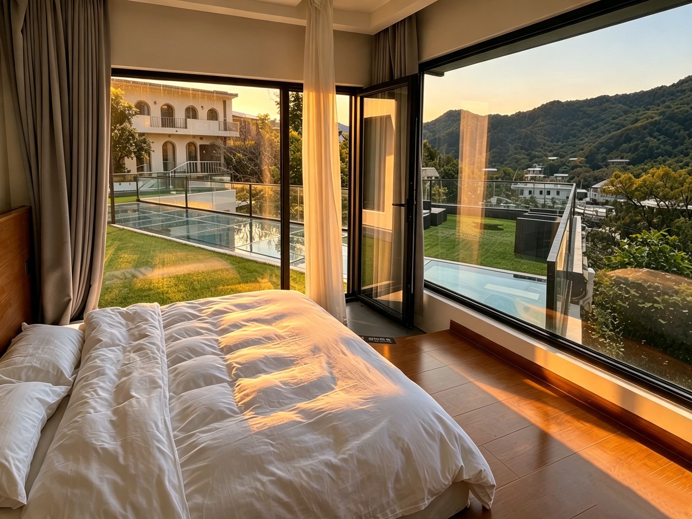 Un dormitorio con una cama grande, un balcón de vidrio y vistas a un edificio y colinas.