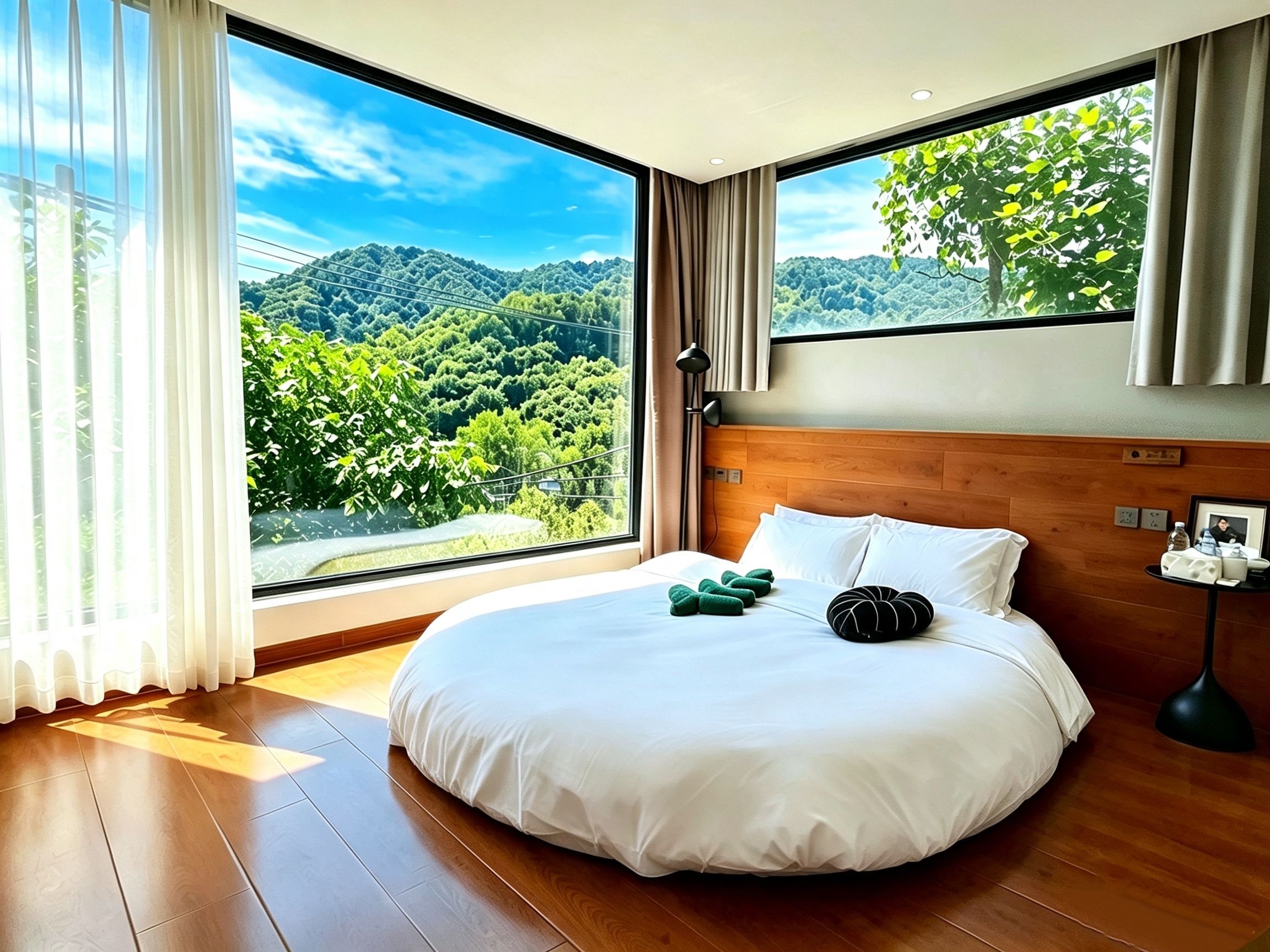 A hotel room with a large bed, a view of a forested mountain, and a wooden floor.