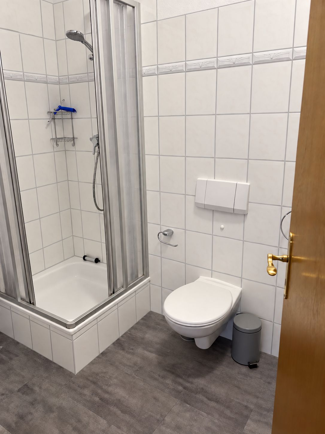 A bathroom with a shower, toilet, and a trash bin.