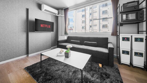 Un soggiorno moderno con un divano, un tavolino con una pianta, una TV a schermo piatto che mostra 'NETFLIX' e una finestra con vista sugli edifici.
