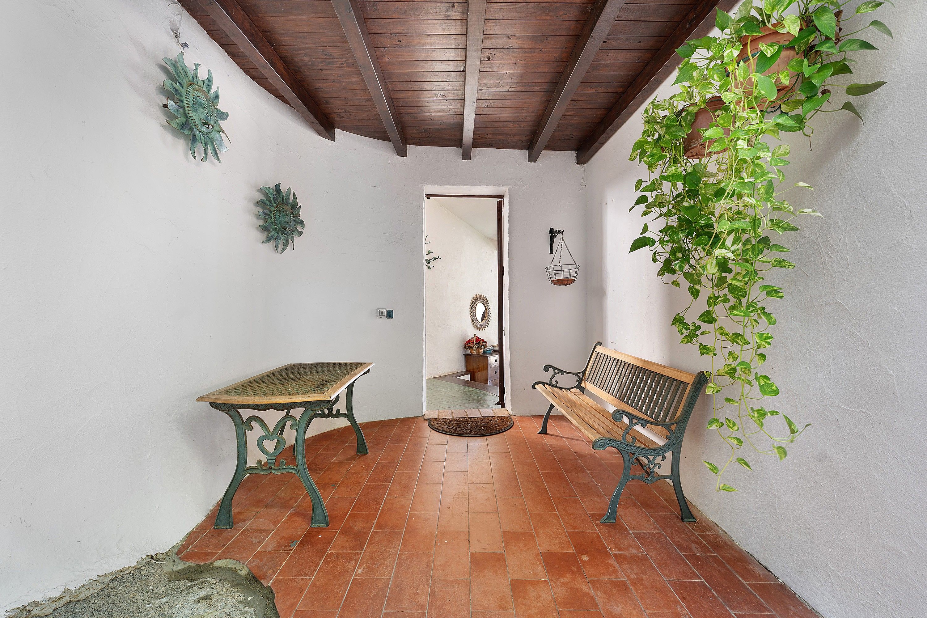 Une pièce avec un banc en bois, une table et une plante suspendue.