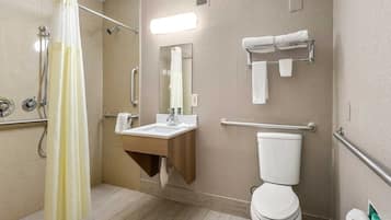 A bathroom with a shower, toilet, sink, and handrails.