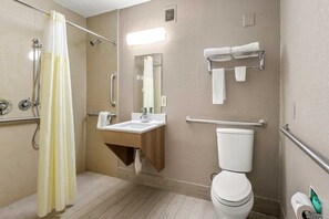 A bathroom with a shower, toilet, sink, and handrails. - 2 Queen Beds | Premium, Micfridge (Decatur GA)