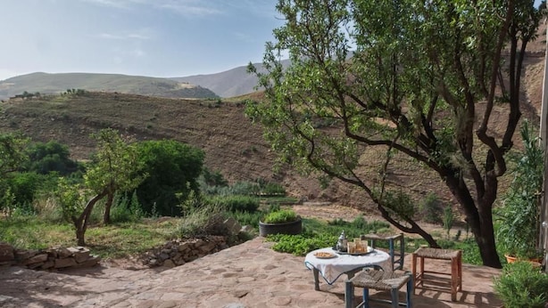 A patio with stone flooring, a table with chairs, and potted plants. - aubrege sremt (Sremt)