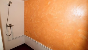 A bathroom with a shower, a white wall, and an orange textured wall. - aubrege sremt (Sremt)