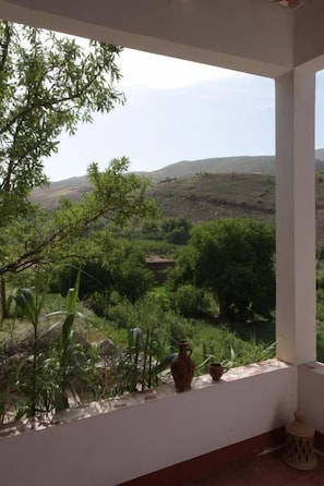 A balcony with a view of a hilly landscape, a small table with a vase and a cup, and a potted plant.