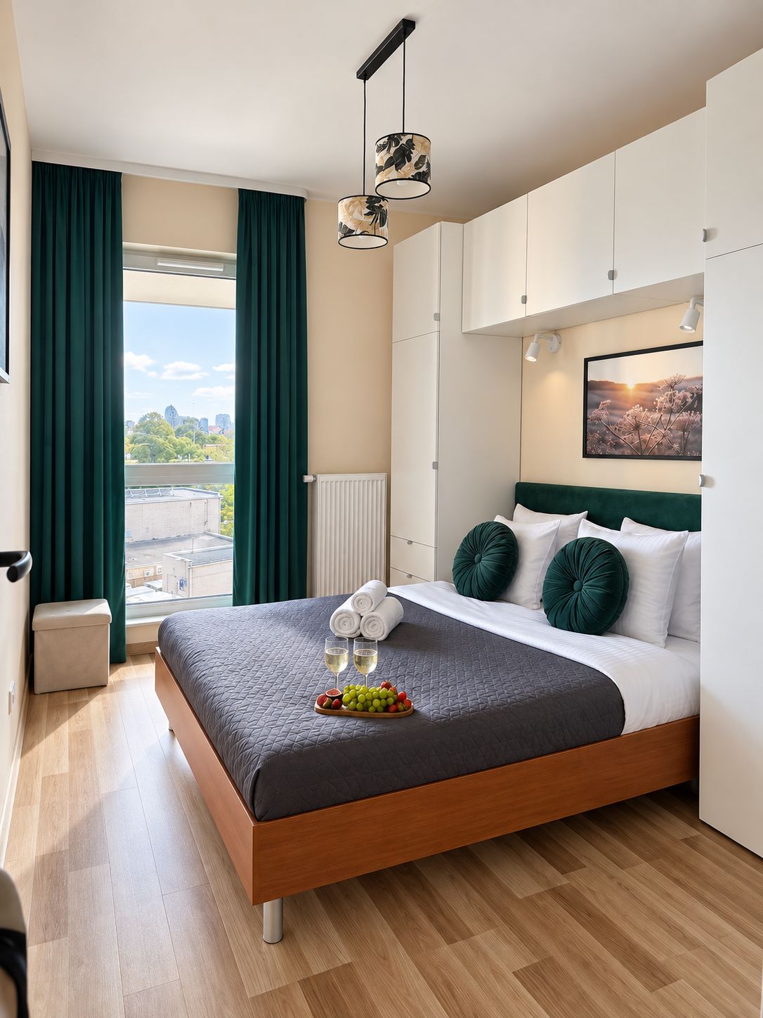Elite Apartment, City View | Premium bedding, blackout drapes, soundproofing, iron/ironing board
