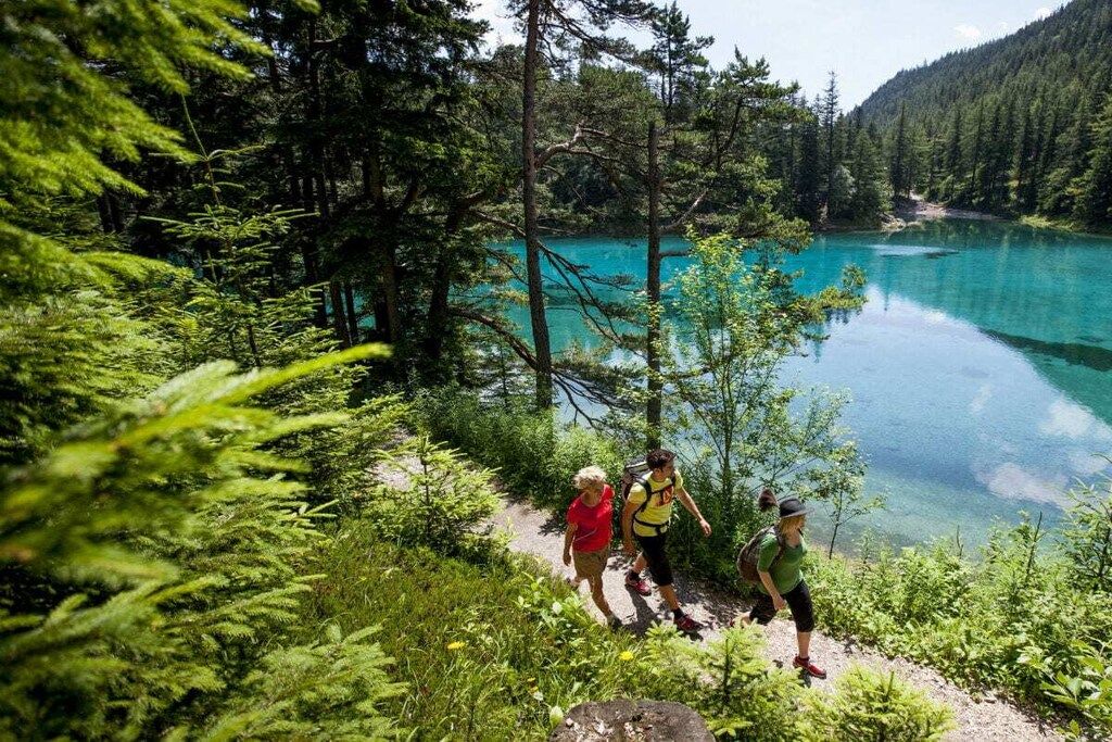 Eine Gruppe Wanderer auf einem Waldpfad, im Hintergrund ein klarer See.