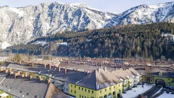 A residential area with houses and a mountain backdrop.
