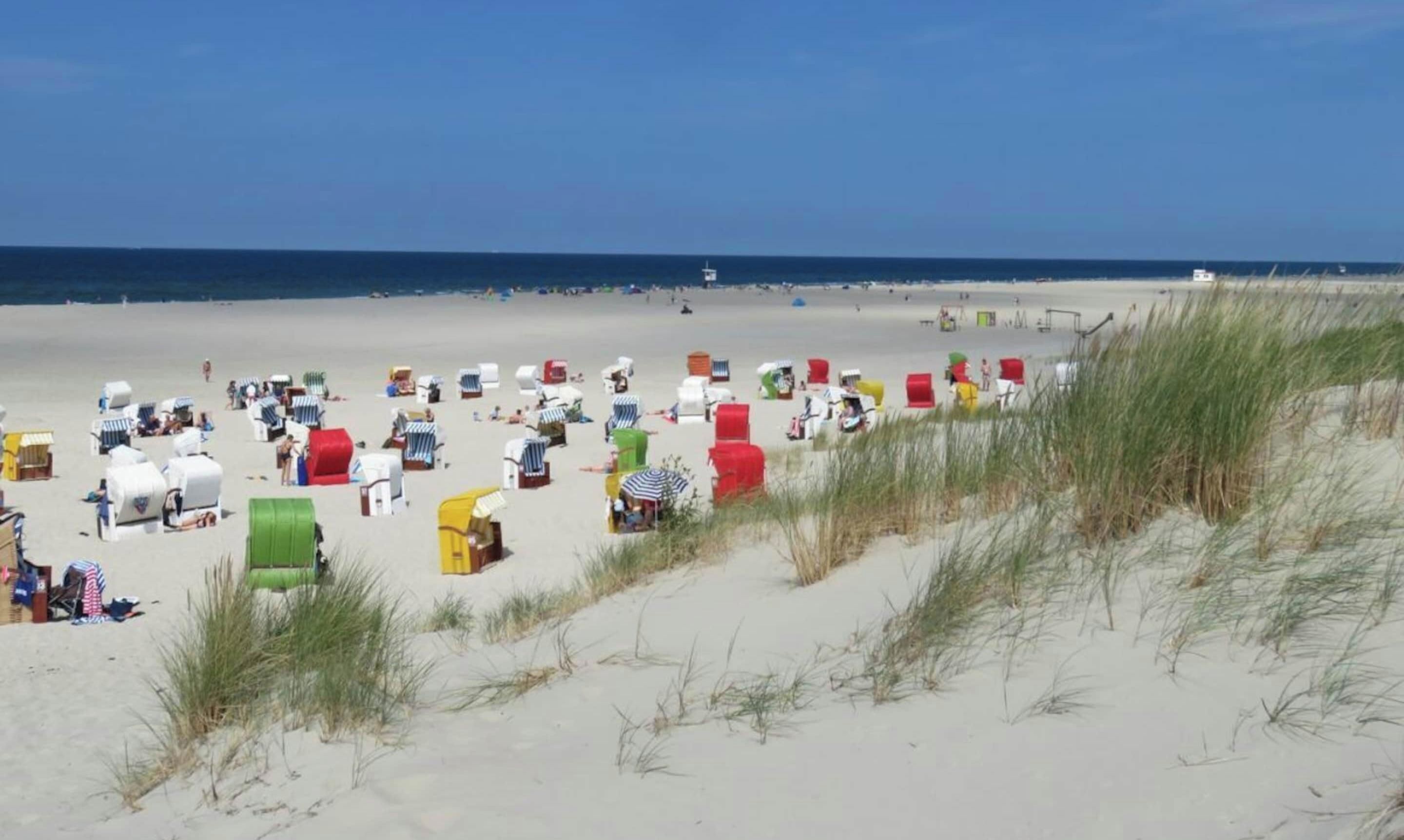 Ein Strand mit zahlreichen bunten Strandkörben und freiem Blick auf den Ozean.