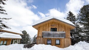 A wooden cabin with a sloped roof, surrounded by snow and trees. - Cabin in Turrach with sauna and Wi-Fi (Turrach)