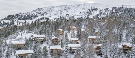 Eine Gruppe Holzblockhäuser, umgeben von schneebedeckten Bäumen und einem Berg im Hintergrund.