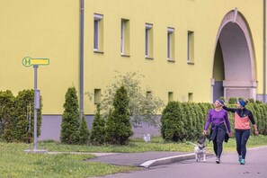 A yellow building with a clear sky, a pedestrian walkway, and a dog on a leash.