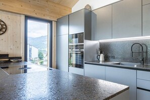 Une cuisine moderne dotée d’un grand îlot central, d’appareils électroménagers intégrés et offrant une vue sur l’extérieur.