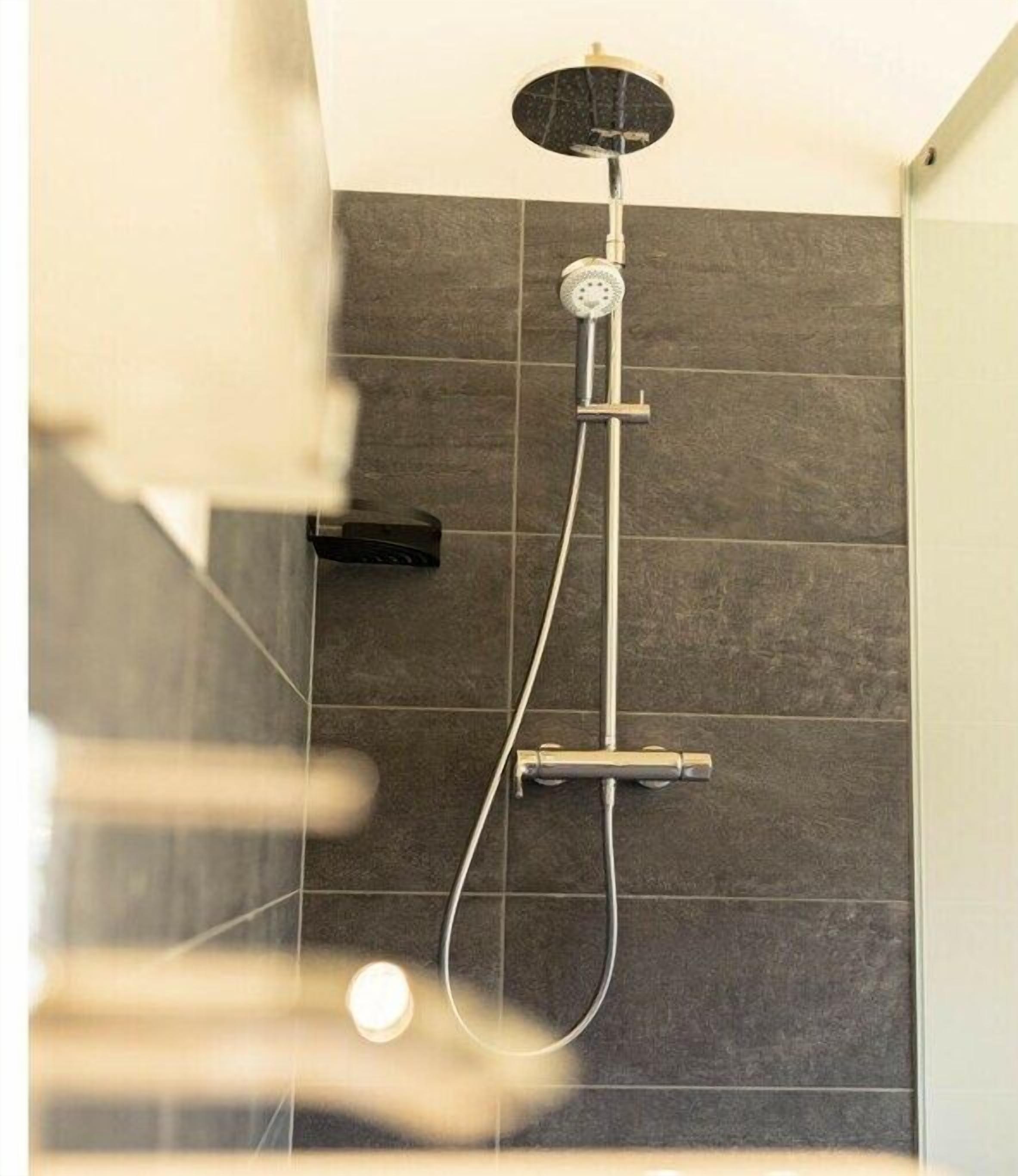 Eine Dusche mit Handbrause und Wandbedienelement.