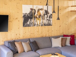 Ein modernes Wohnzimmer mit einem grauen Sofa, mehreren Kissen, einer Holzvertäfelung und einem schwarzen Flachbildfernseher.