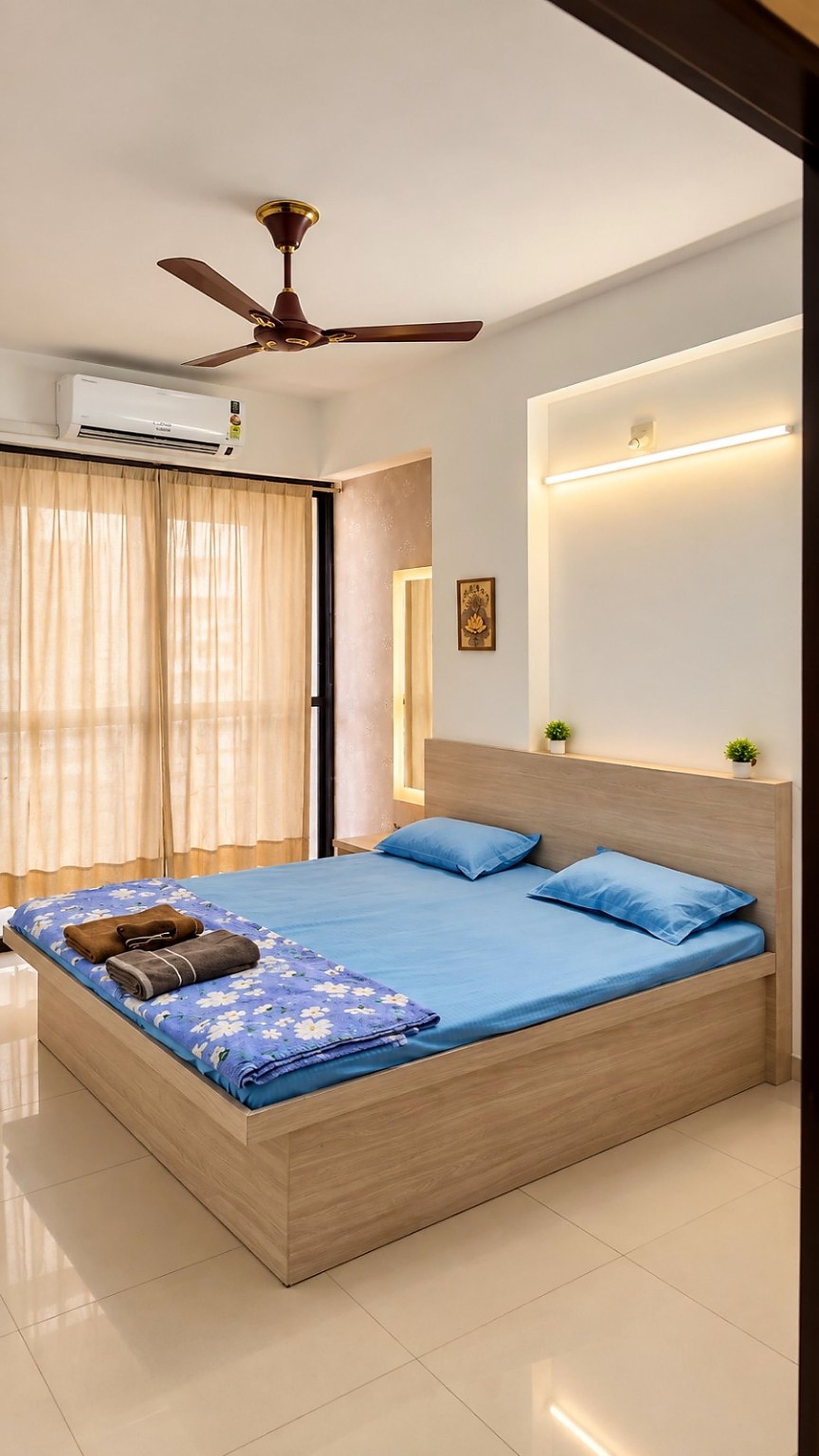 Ein modernes Schlafzimmer mit einem Holzbett, einem Deckenventilator, einer Klimaanlage und einer wandmontierten Leuchte.