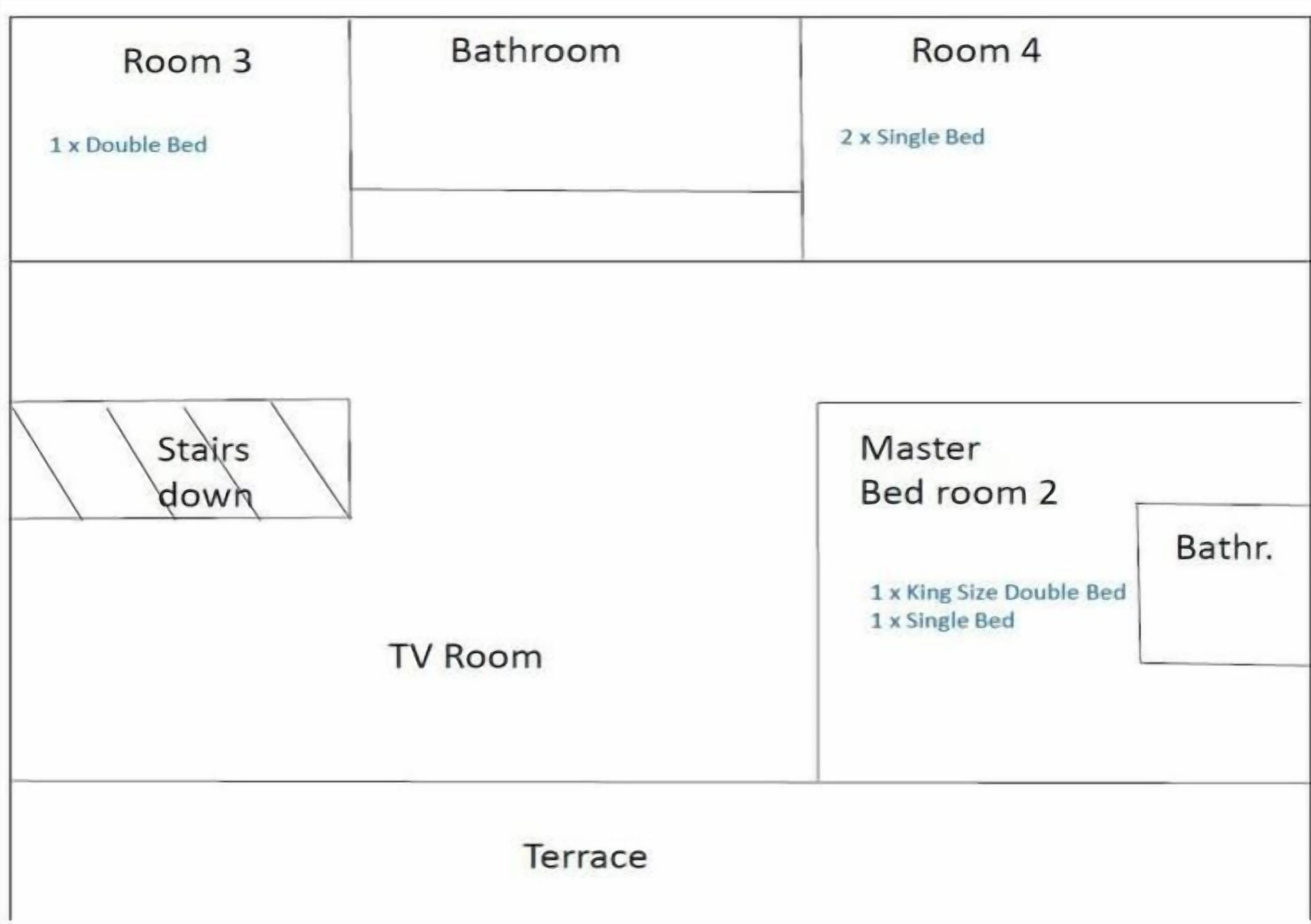 Ein Grundriss mit Zimmer 3, Badezimmer, Zimmer 4, TV-Raum, Schlafzimmer 2 (Hauptschlafzimmer) und einer Terrasse.
