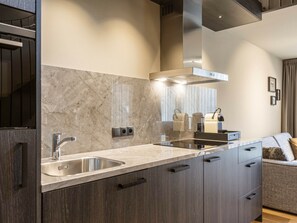 A modern kitchen with a marble backsplash, stainless steel sink, and built-in appliances. - Superior Penthouse With 2 Bedrooms (Schruns)