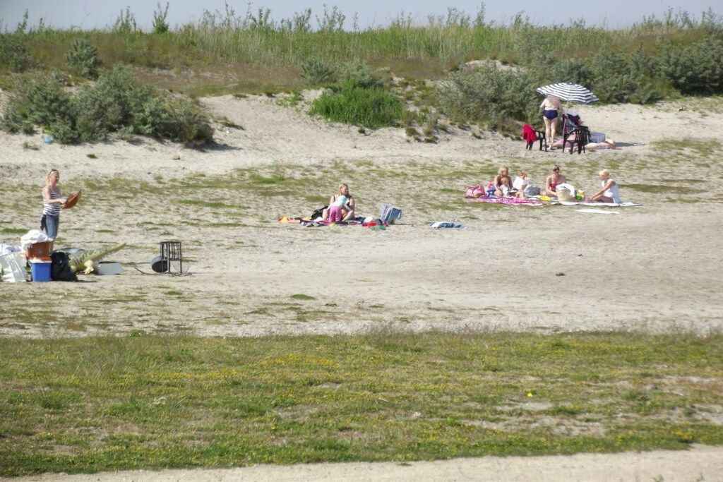A beach with people sunbathing and relaxing.