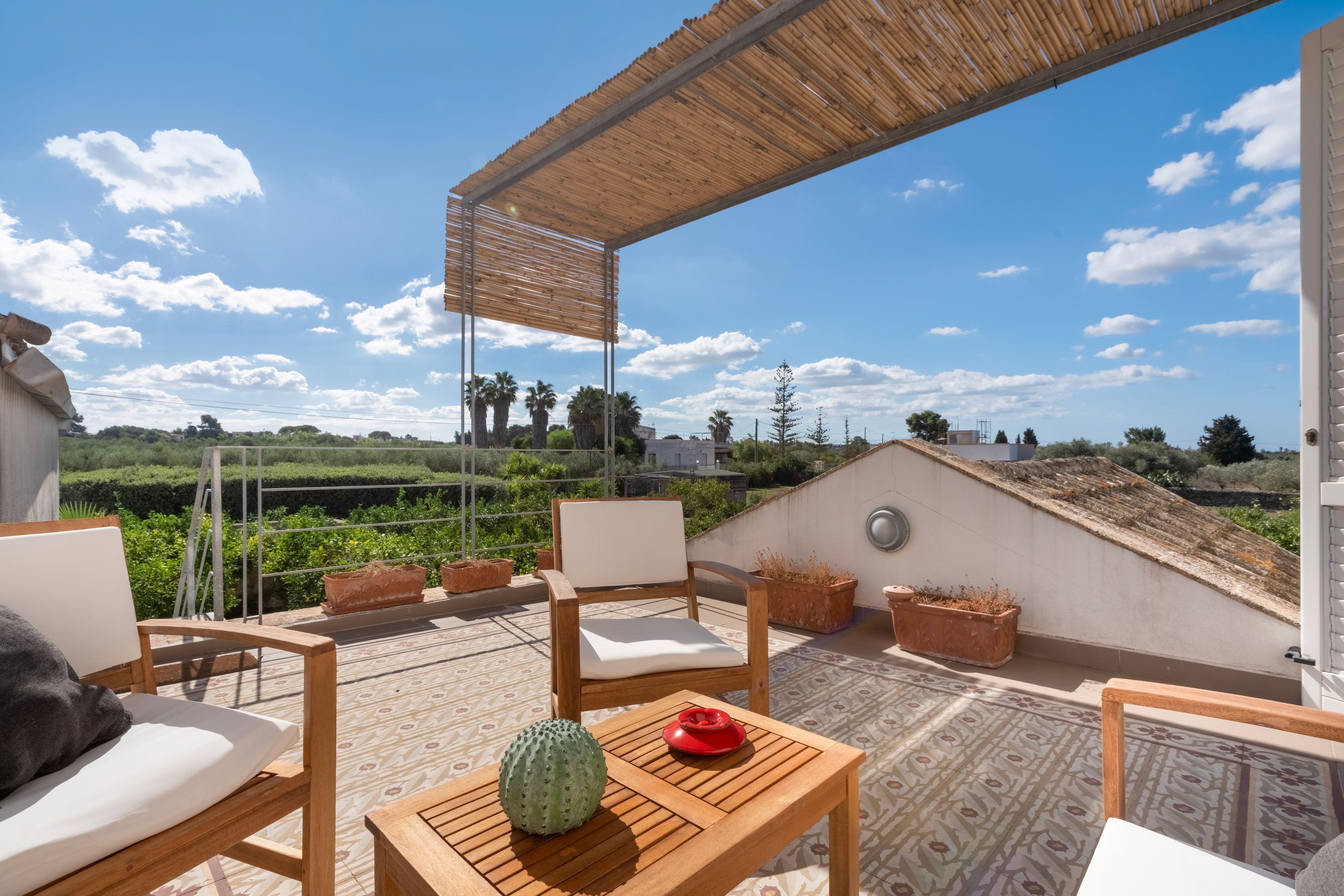 A terrace with wooden furniture, a cactus, and a view of the countryside.