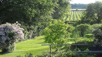 A lush garden with a variety of trees and shrubs, a well-maintained lawn, and a wooden fence.