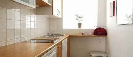 A compact kitchen with a dishwasher, a sink, and a small trash bin.