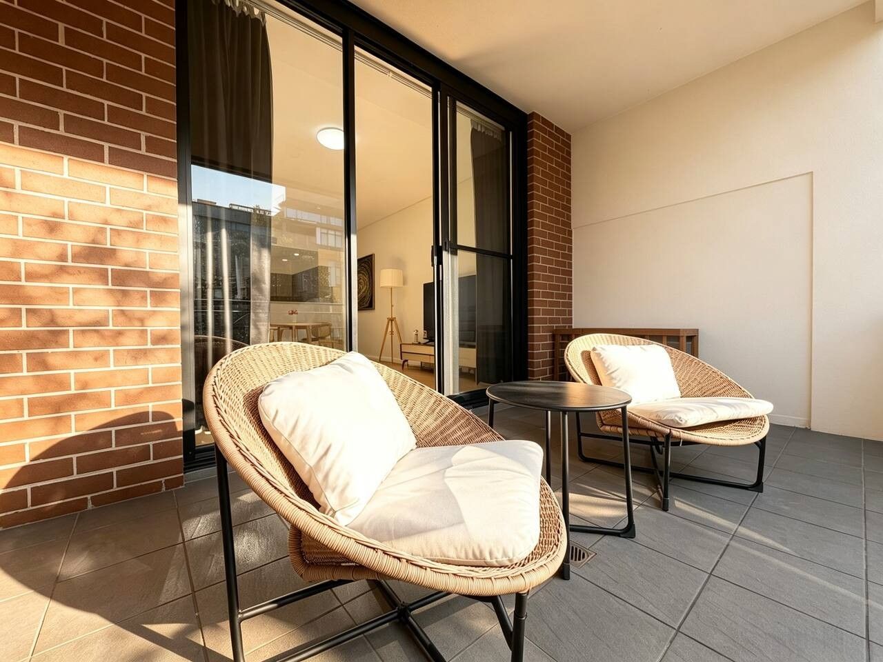 Un balcon avec des fauteuils en osier et une petite table, une porte vitrée donnant sur un espace intérieur et un mur en briques.