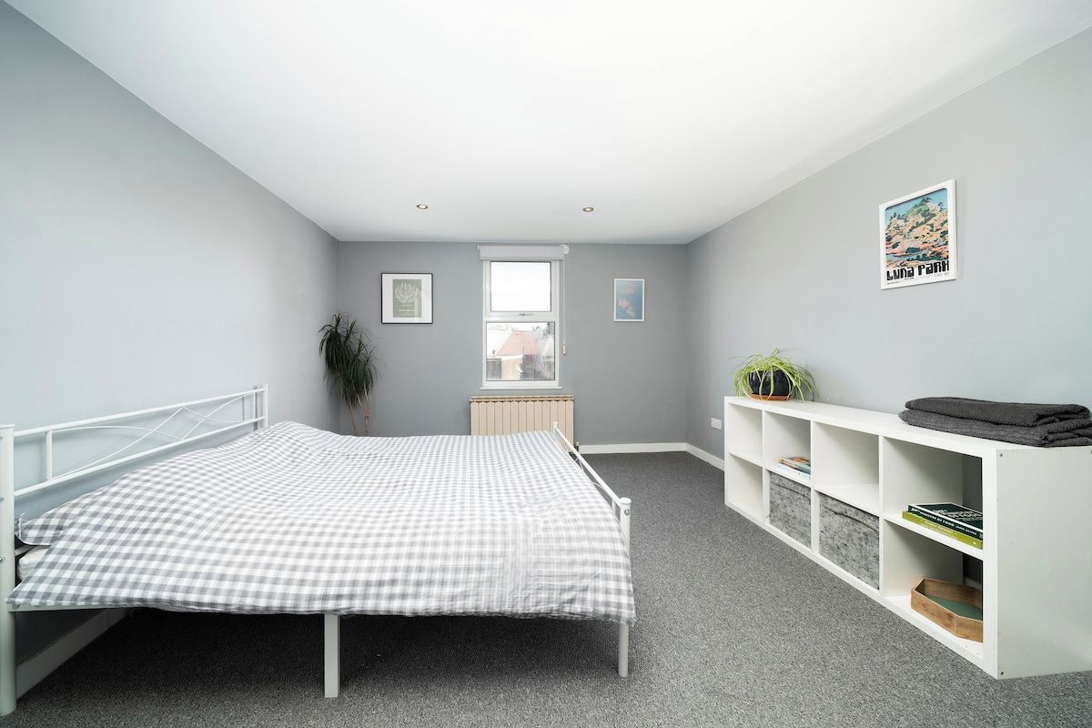 A bedroom with a bed, a radiator, a window, and a bookshelf.