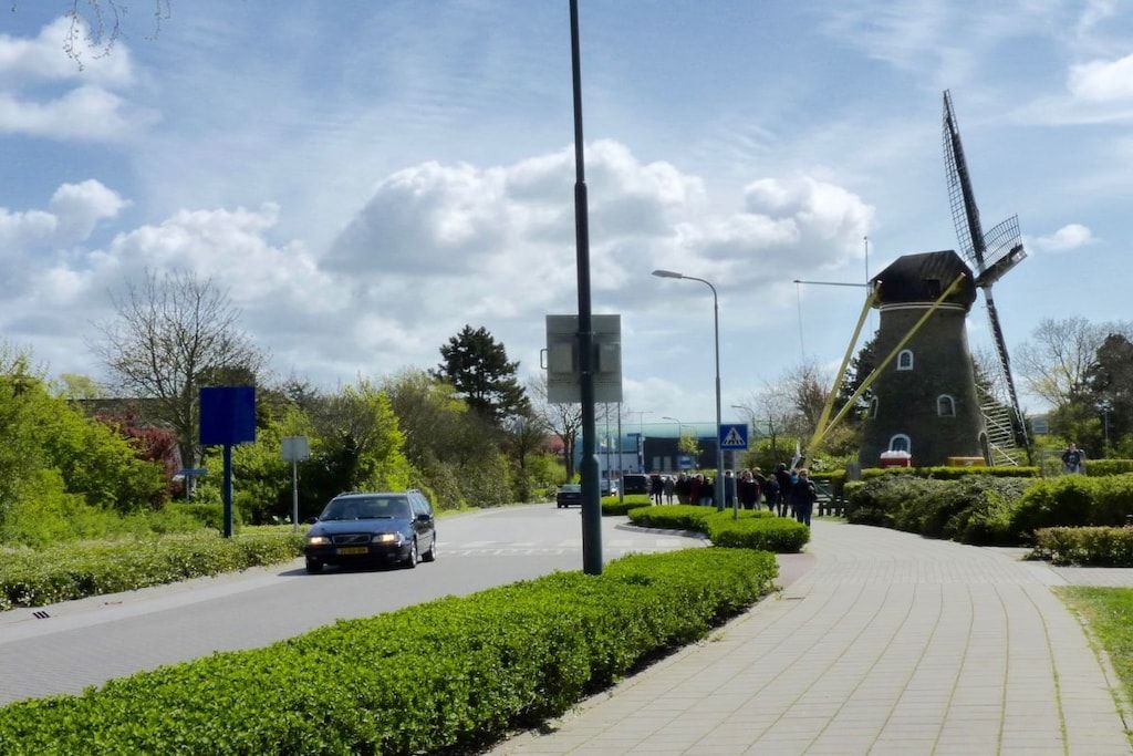 A road with a windmill in the background, a pedestrian path, and greenery.