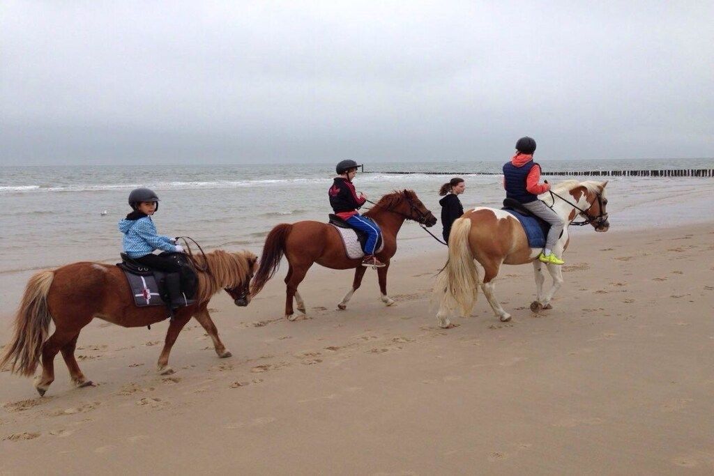 A beach with three horses and riders.
