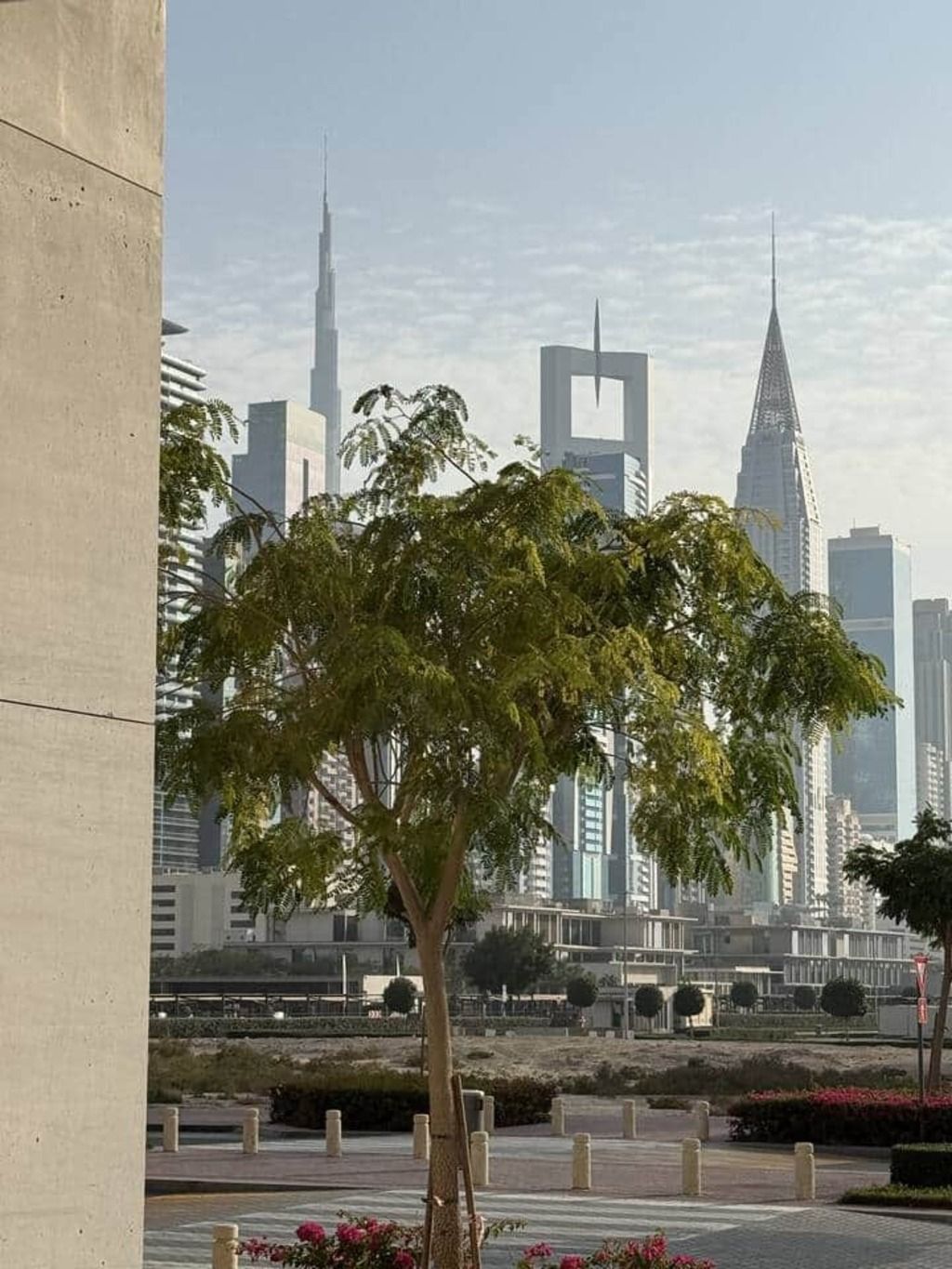 A cityscape with modern high-rise buildings, a tree-lined pathway, and a clear sky.