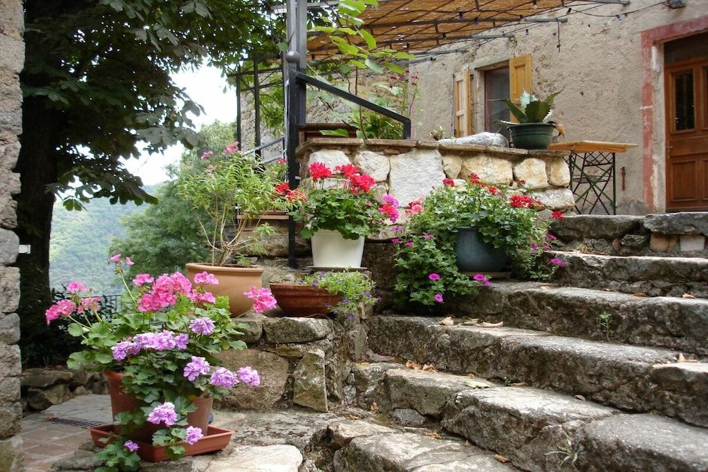 Una scala in pietra con vasi di piante e fiori che conduce a un edificio rustico.