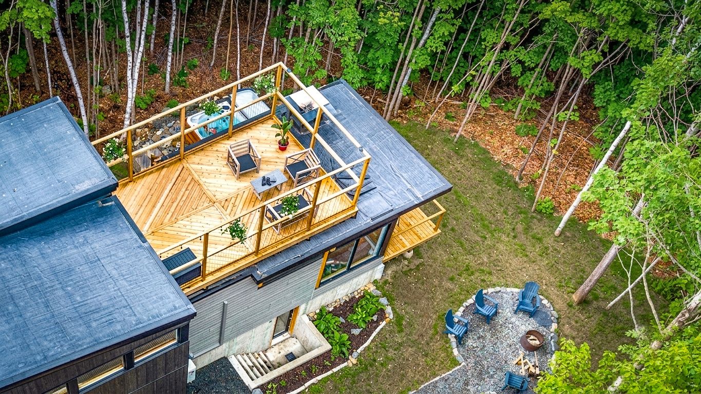 Une maison moderne dotée d’une terrasse en bois, d’un espace salon extérieur et d’un foyer.