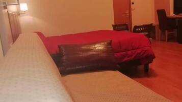 A hotel room with a bed, a desk, a chair, and a television.