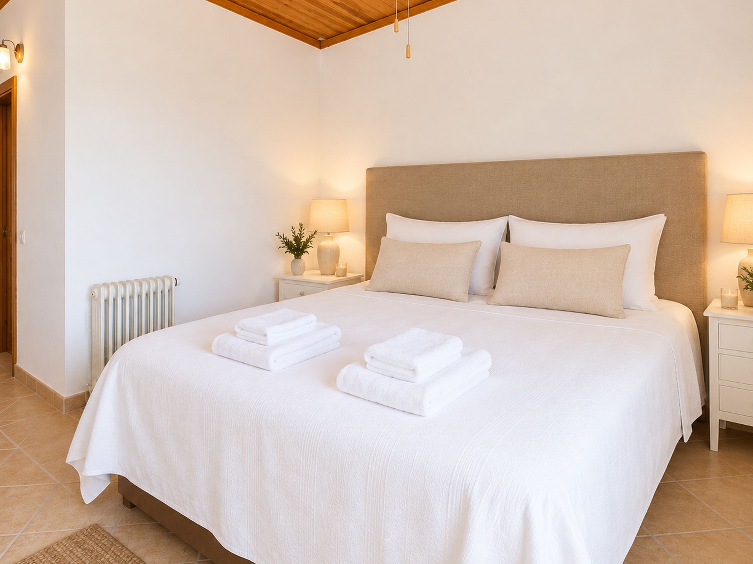 A neatly made bed with folded white towels, a wooden ceiling, and a white wall with a radiator.