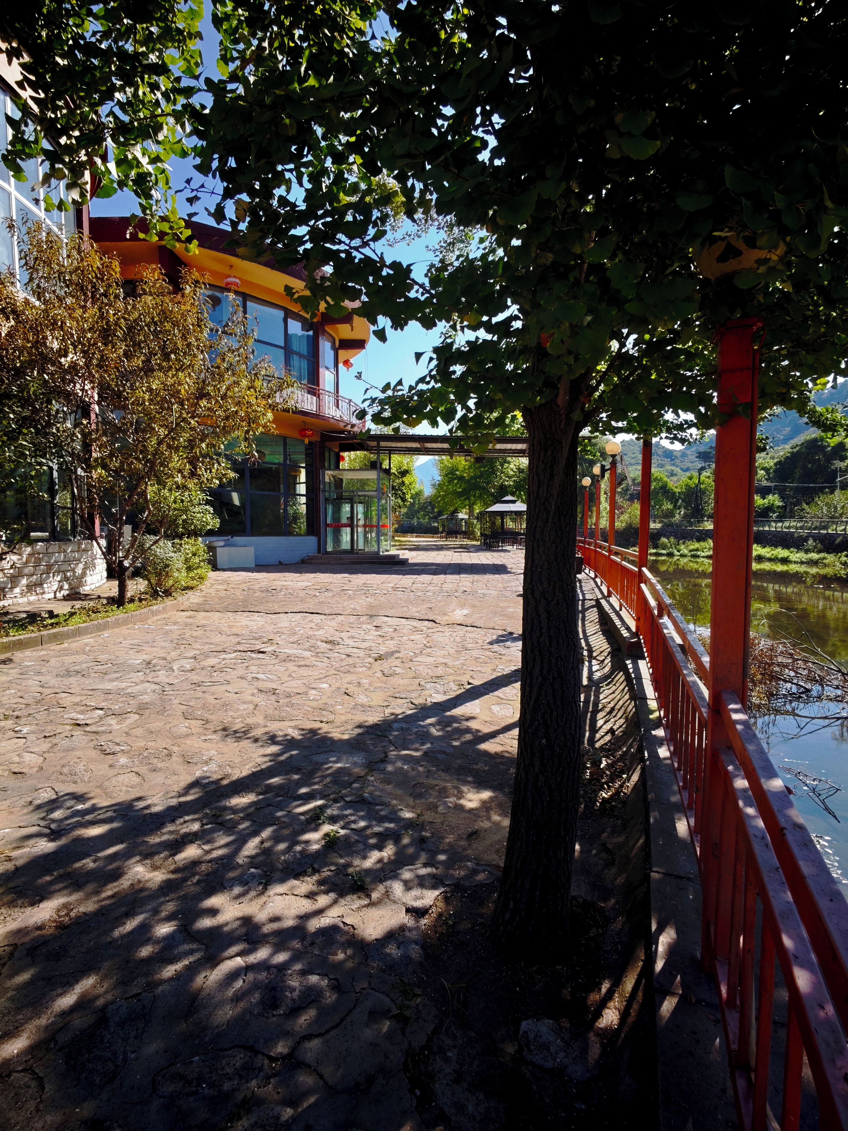 A stone pathway leading to a building with a glass entrance, a red railing beside a body of water, and trees providing shade.