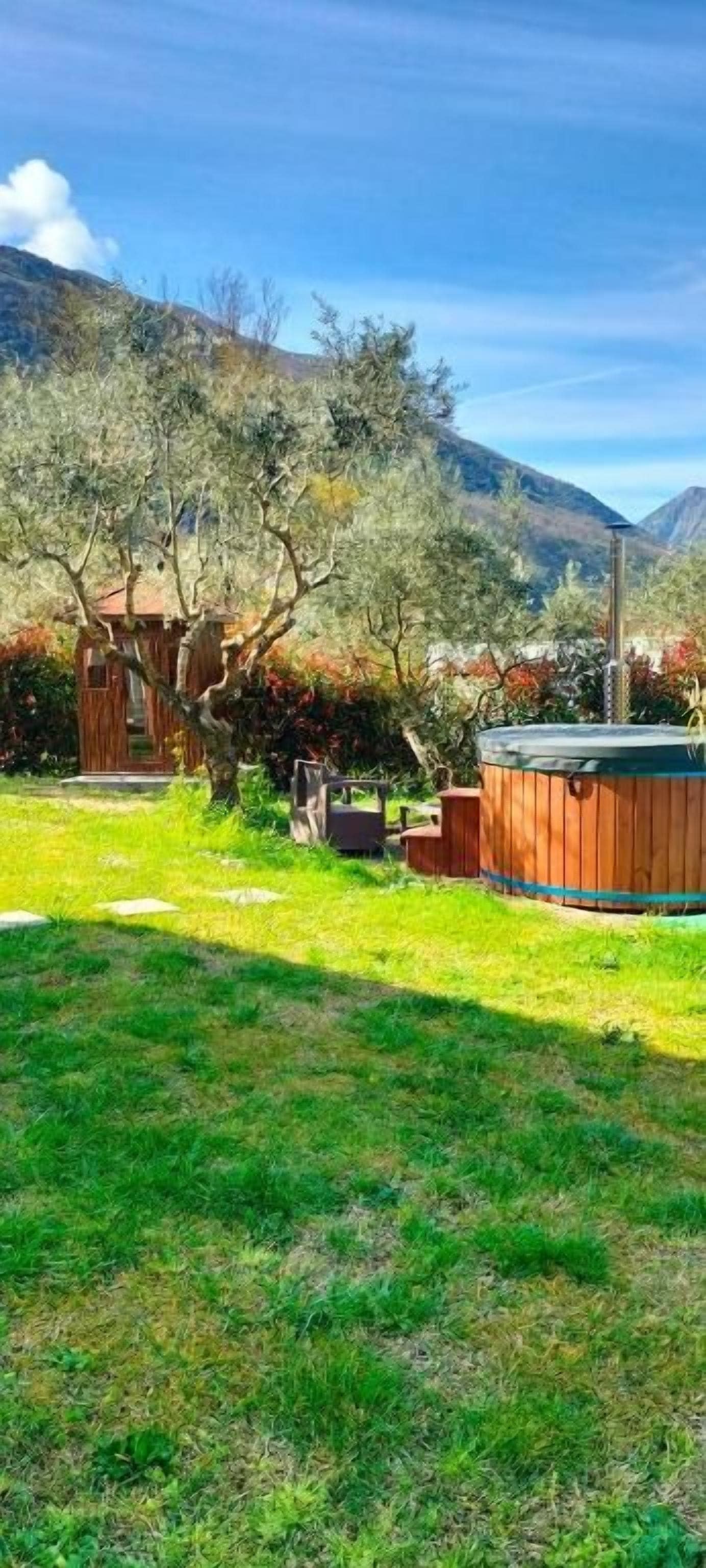 Eine Holzdiele mit Whirlpool und einer kleinen Werkstatt in einem grünen Hof, mit Bäumen und Bergen im Hintergrund.