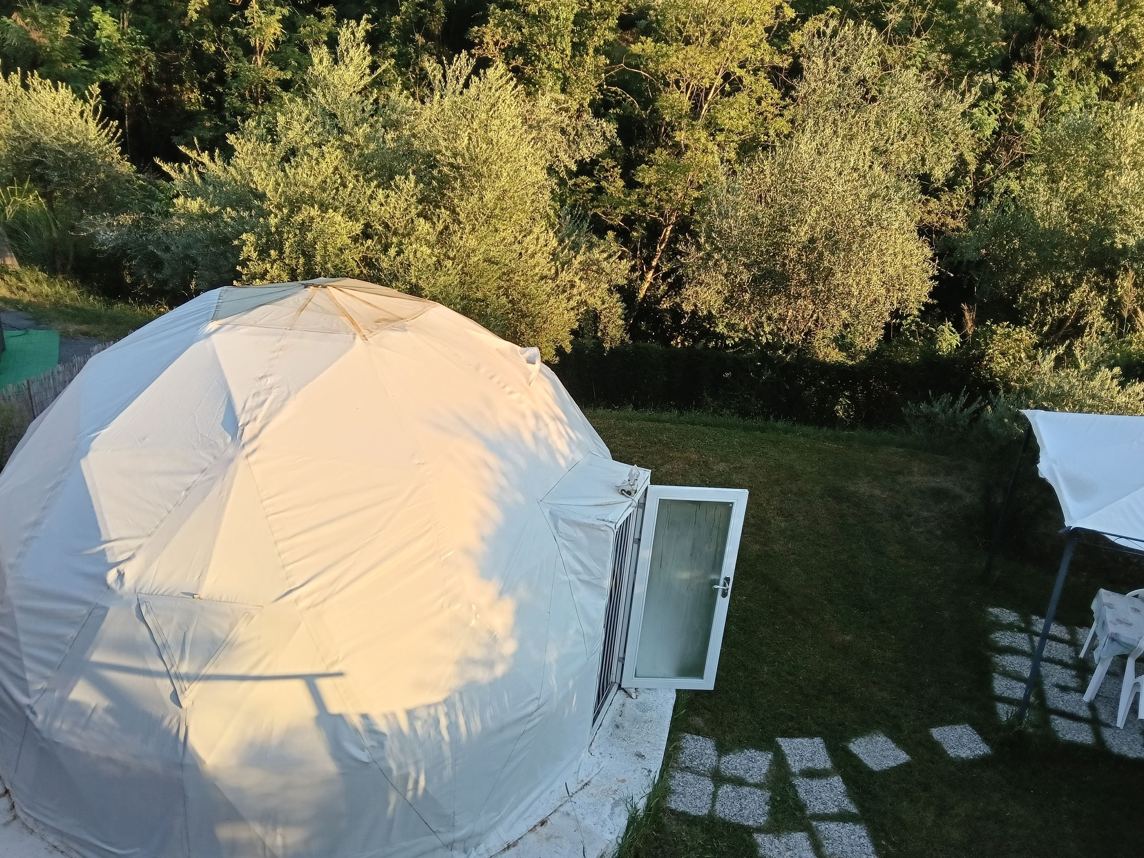 A dome-shaped tent with a door, surrounded by a grassy area and trees.