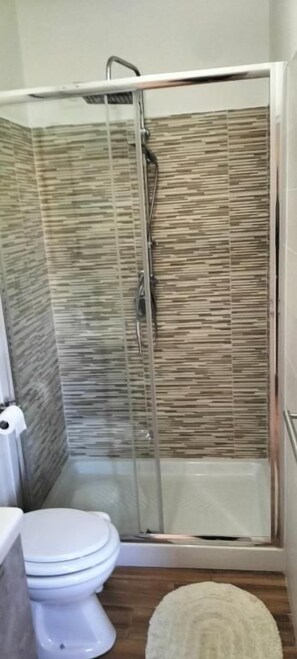 A shower enclosure with a glass door, a white toilet, and a patterned wall.