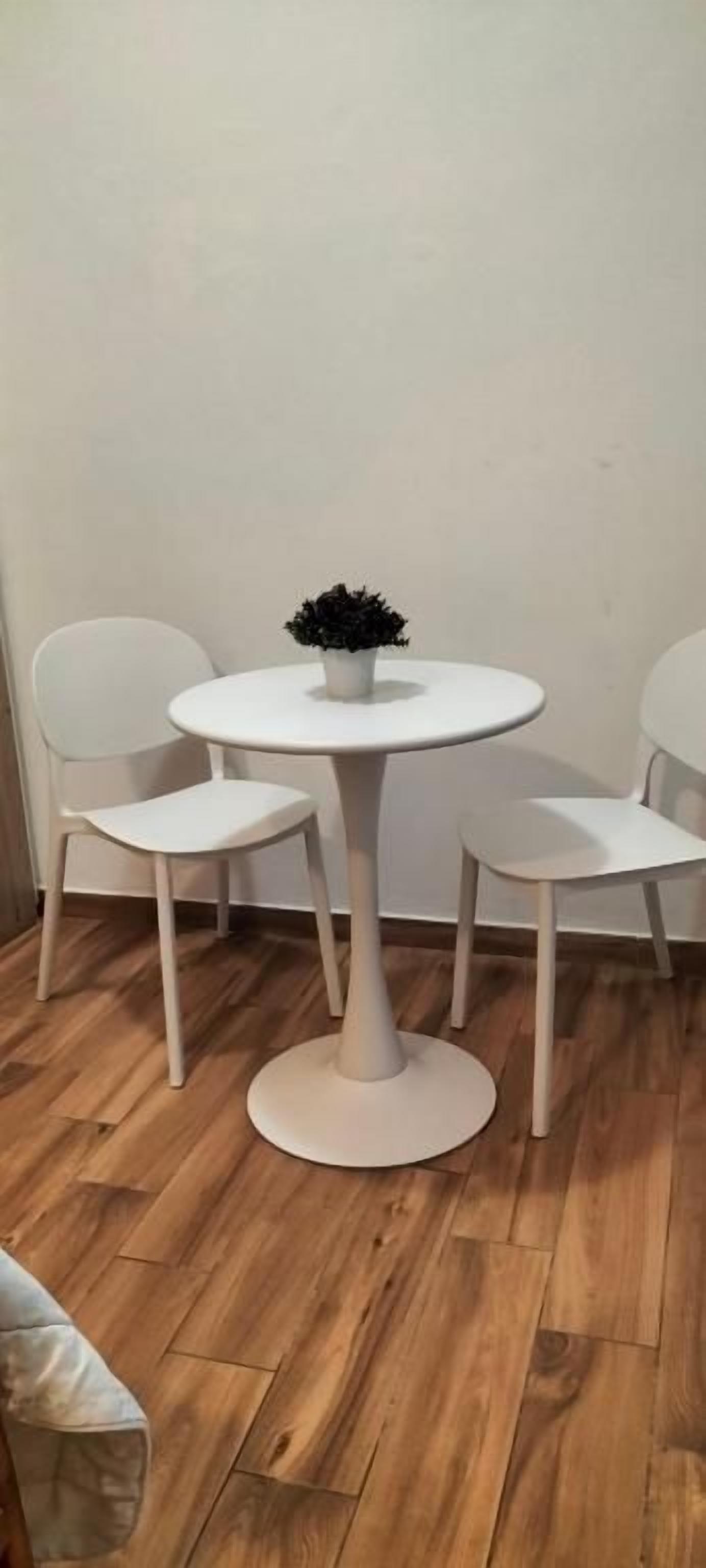 Ein kleiner runder Tisch mit einer Topfpflanze, umgeben von drei weißen Stühlen.