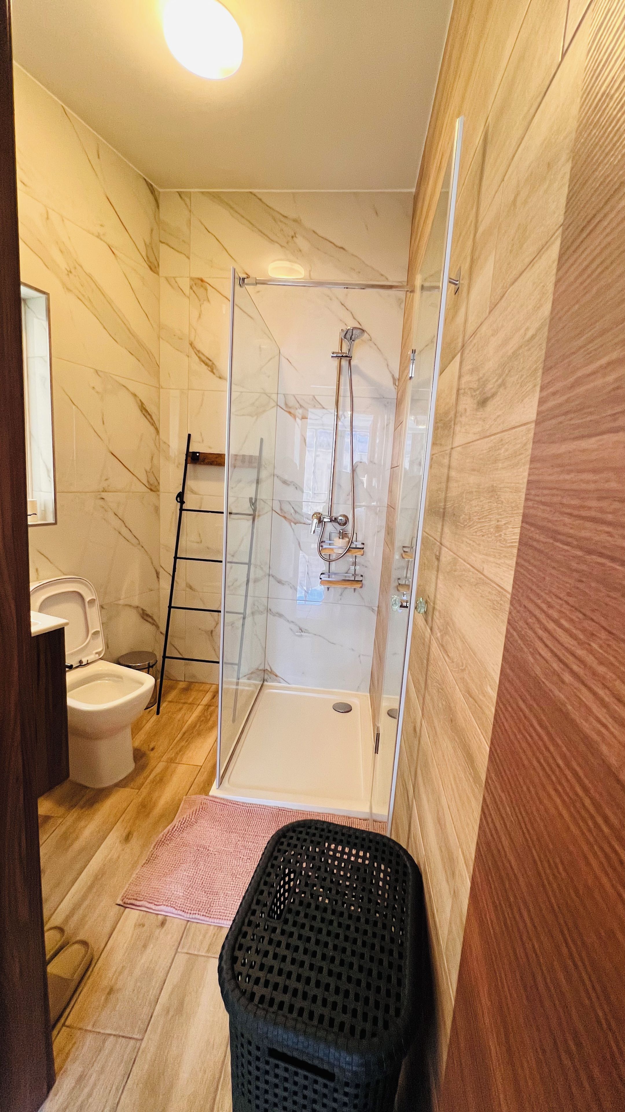 Une salle de bain avec une douche à parois de verre, des toilettes et un plancher en bois.