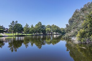 A tranquil lake with a clear reflection of trees and a gazebo. - Cast & Relax! Ventress River Home w/ Shared Pier (Ventress)