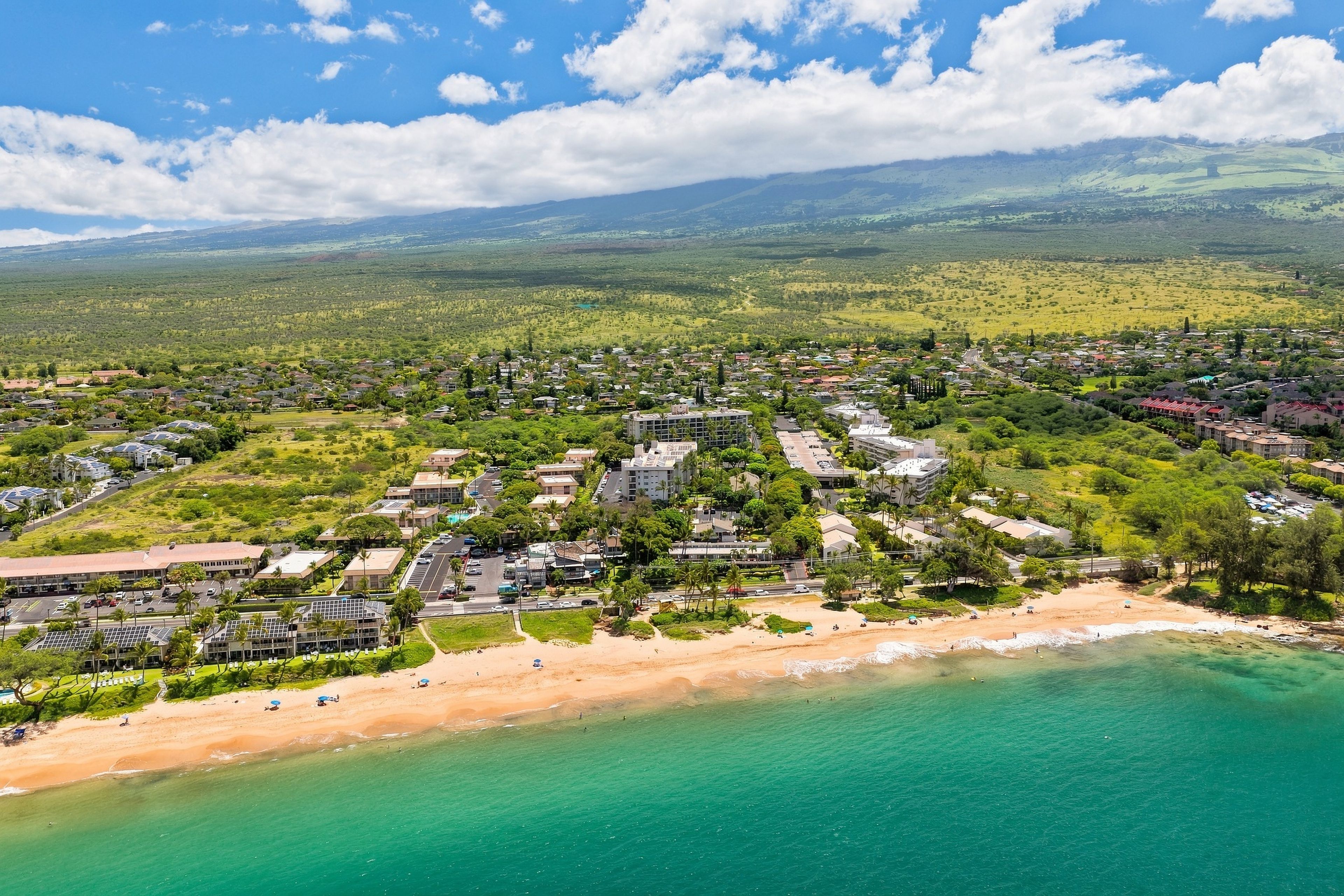 A coastal residential area with houses, a beach, and clear turquoise waters.