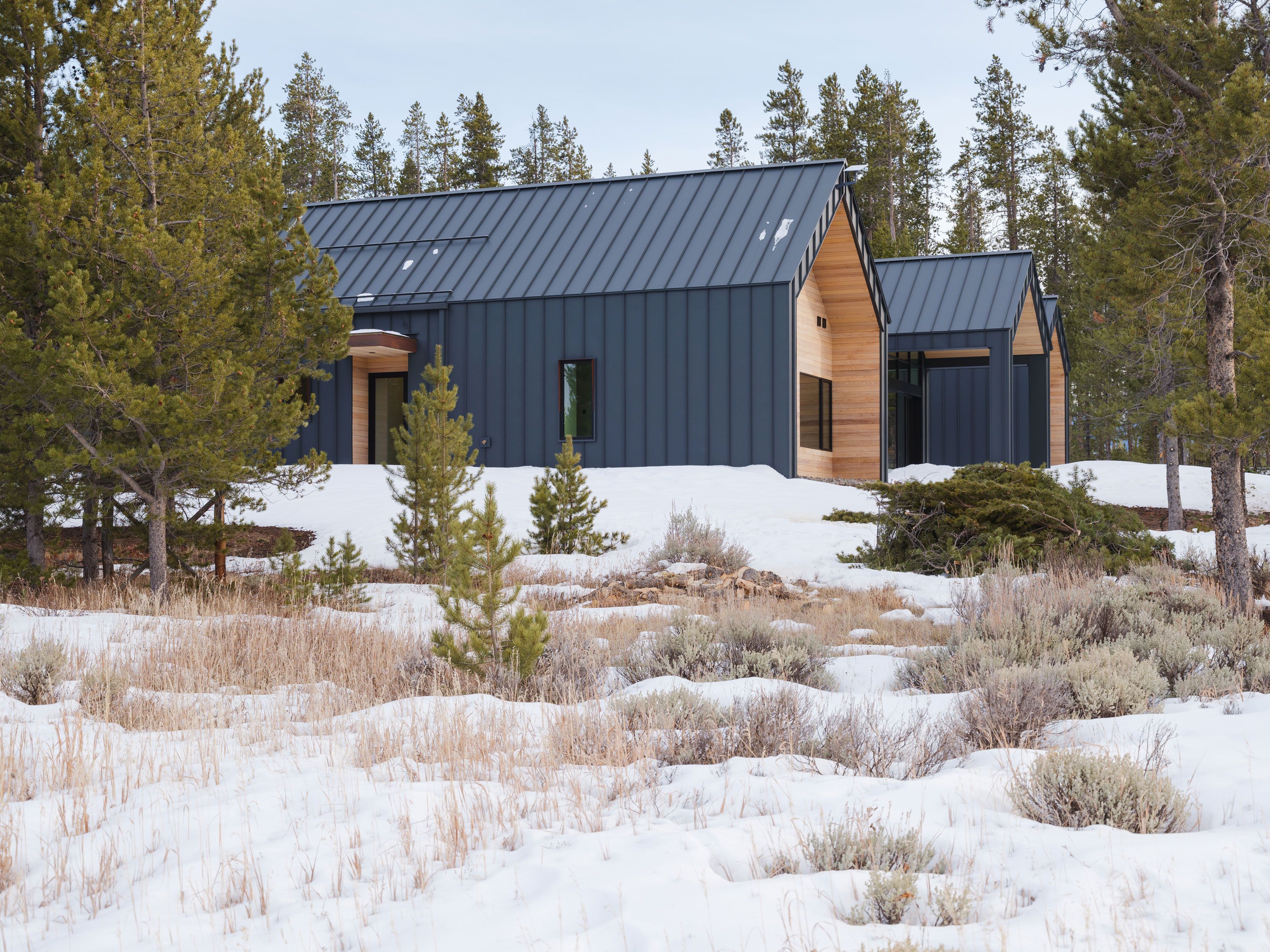 A modern building with a sloped roof, surrounded by snow and trees.